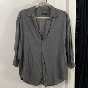Zara Women Grey Soft Material Open Neck Collared Long Sleeve Shirt — Size L